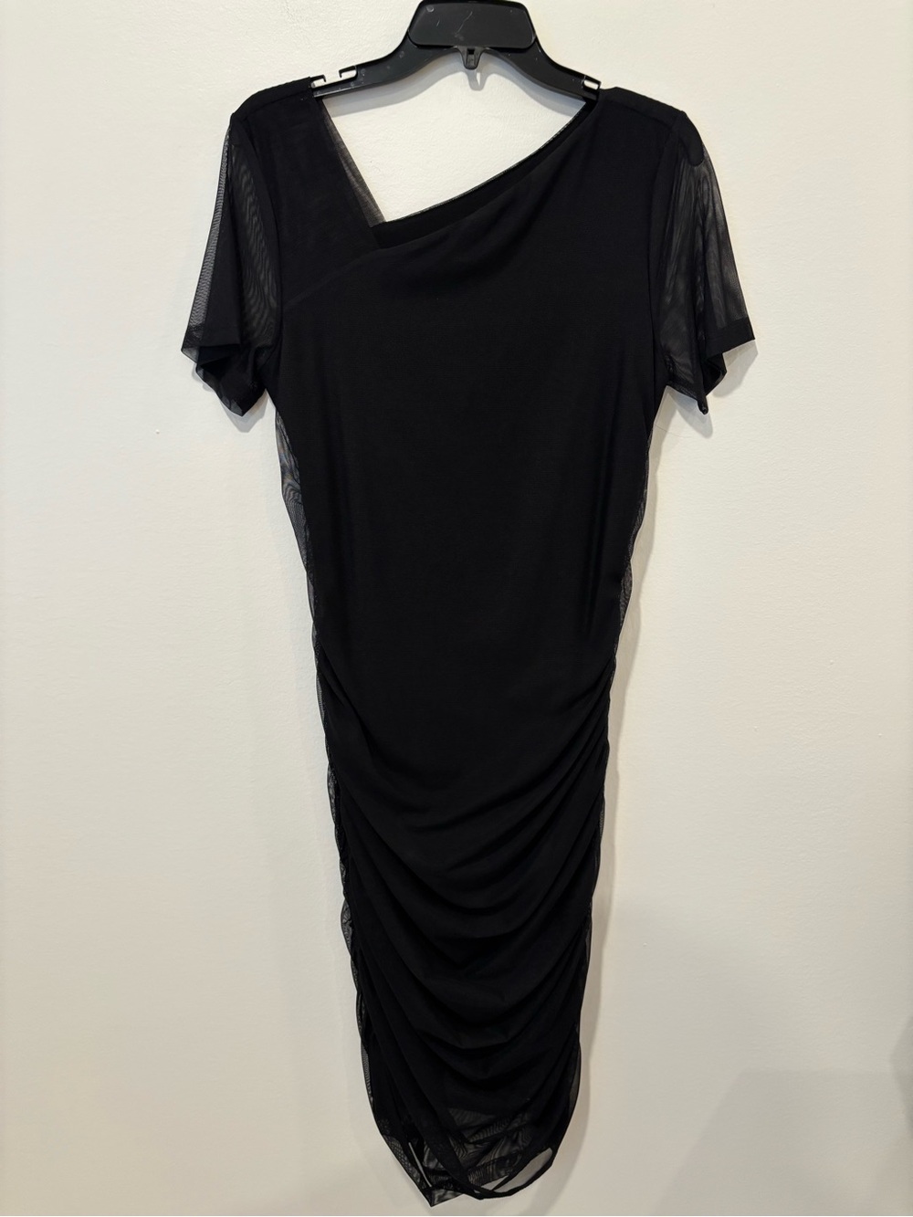 DKNY Black Asymmetrical Ruched Mesh-Sleeve Midi Dress